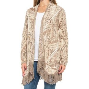 Lucky Brand Beige Aztec Fringe Hem Open Cardigan Sweater XS Southwestern Boho